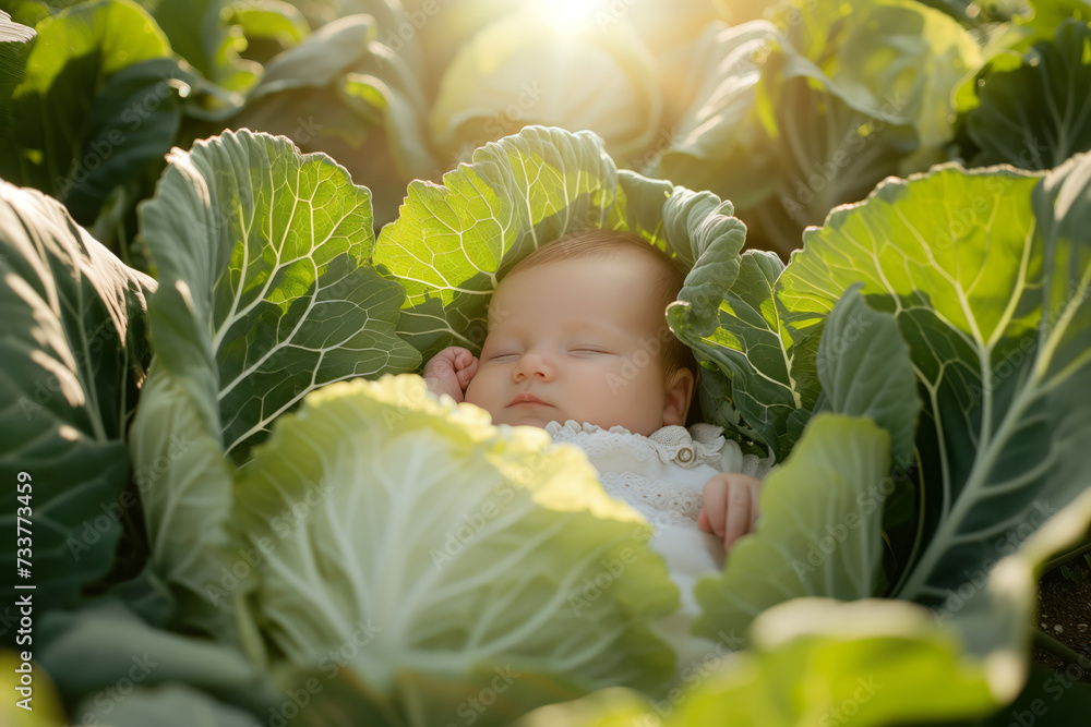 Cute newborn baby lying among cabbage heads in cabbage patch. Myths and