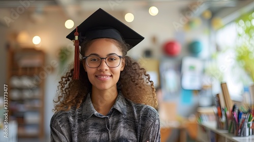 A joyful graduate in cap and gown celebrates her academic achievements, representing success and education milestones.