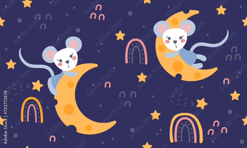 Seamless pattern with mice, cheese moon and stars. Sleeping mice cute vector illustration