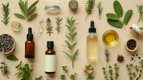 Aroma essential oil. Top view dropper bottle among colourful dried flowers, medicinal herbs variety. Natural cosmetic and skincare, herbal miscellany