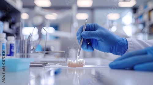 A close-up of a dentist's hands using tools to work on a model of human teeth, highlighting dental precision and care.