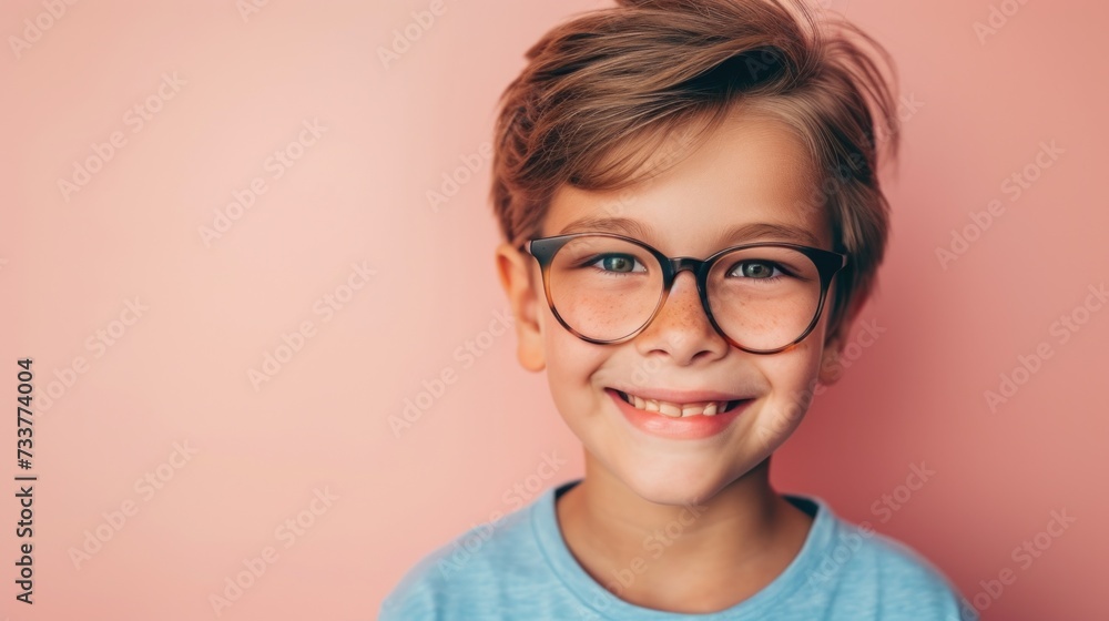 Young boy with glasses smiling against pink background. Young boy with glasses smiling against pink background.