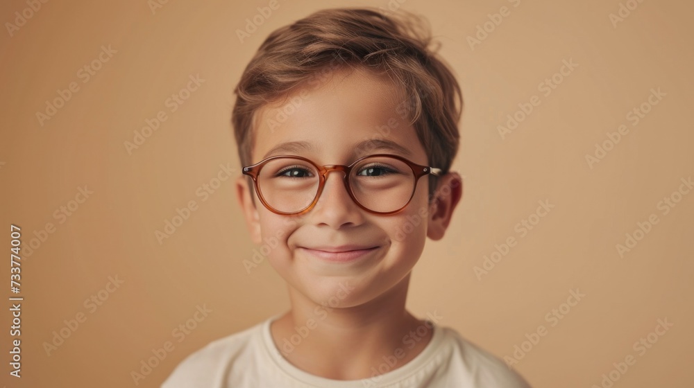 A young boy with glasses smiling at the camera wearing a white shirt against a warm beige background. A young boy with glasses smiling at the camera wearing a white shirt against a warm beige background.