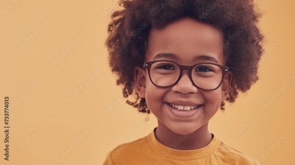 Smiling child with curly hair and glasses wearing a yellow shirt against a warm yellow background. Smiling child with curly hair and glasses wearing a yellow shirt against a warm yellow background.