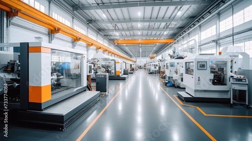 Modern production hall with CNC milling machines in a bright an friendly environment. Generative AI.
