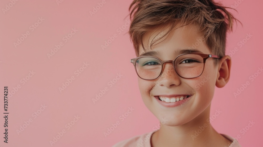 A young boy with glasses smiling at the camera against a pink background. A young boy with glasses smiling at the camera against a pink background.