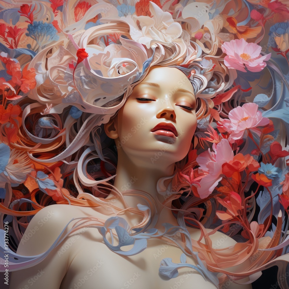 Art depicting a woman adorned with petals in her hair , generated by AI