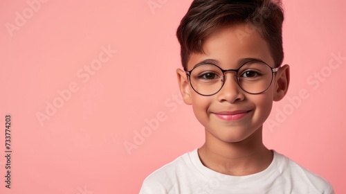 Young boy with glasses smiling against pink background.