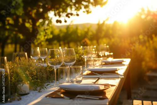 Stunning table arrangement for a wedding of festive event against a breathtaking backdrop of vineyards on summer sunset. photo