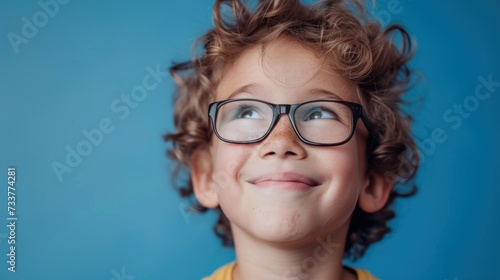 A young child with curly hair wearing glasses looking up with a smile.