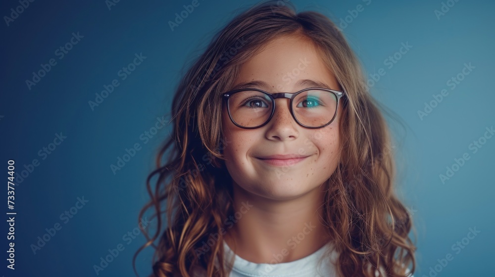 A young girl with long curly hair and glasses smiling at the camera against a blue background. A young girl with long curly hair and glasses smiling at the camera against a blue background.