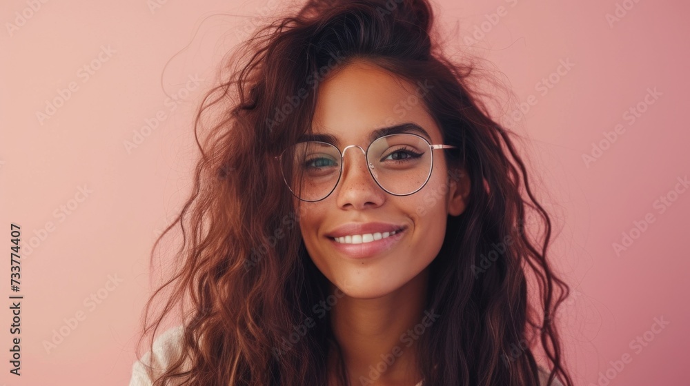 A cheerful woman with curly hair and glasses smiling against a soft pink background. A cheerful woman with curly hair and glasses smiling against a soft pink background.