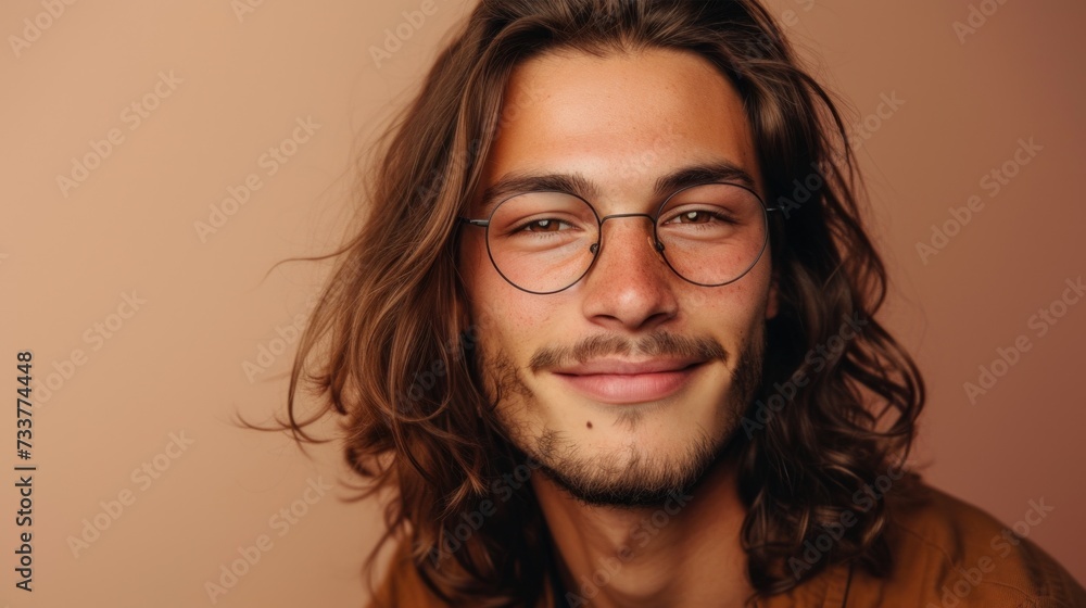 Young man with long hair and glasses smiling against a warm-toned background. Young man with long hair and glasses smiling against a warm-toned background.