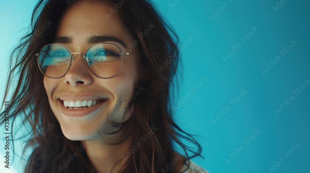 Fototapeta premium Smiling woman with glasses against a blue background.