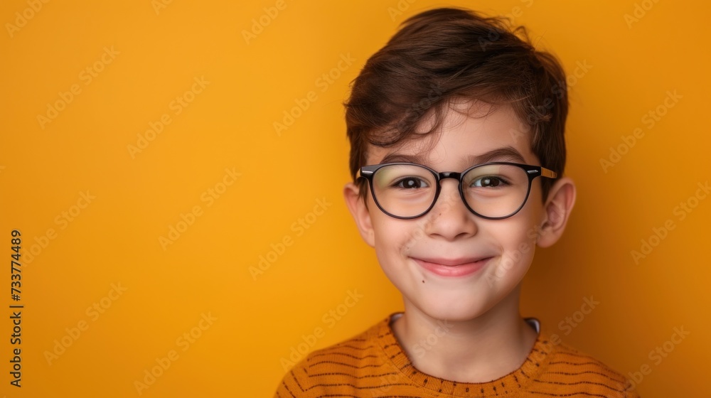 Smiling young boy with glasses wearing orange striped sweater against yellow background. Smiling young boy with glasses wearing orange striped sweater against yellow background.