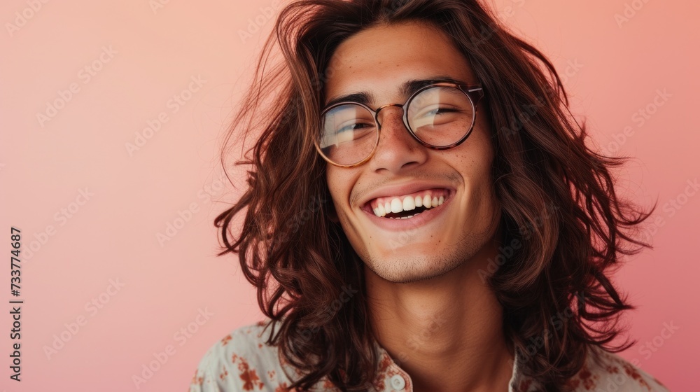 Young man with long curly hair wearing round glasses smiling broadly against a pink background. Young man with long curly hair wearing round glasses smiling broadly against a pink background.