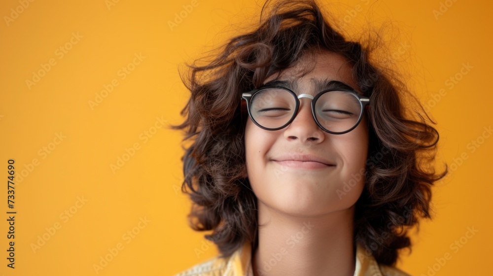 A young person with curly hair and glasses smiling with eyes closed against a bright yellow background. A young person with curly hair and glasses smiling with eyes closed against a bright yellow background.