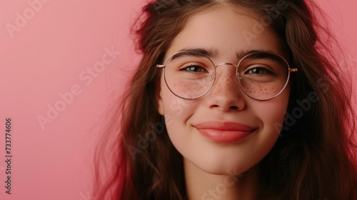 Young woman with freckles and glasses smiling against a pink background.