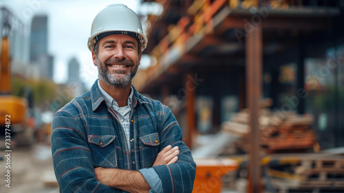 A contractor in construction smiles confidently. He is standing with his arms folded in front of a building in construction. Generative AI. © visoot