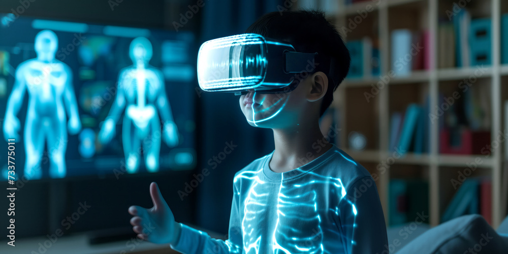 Asian boy wearing VR goggles using augmented reality to study human anatomy. Using modern technologies to teach kids. Augmented reality, future technology, AI concept. Asian boy wearing VR goggles using augmented reality to study human anatomy. Using modern technologies to teach kids. Augmented reality, future technology, AI concept.