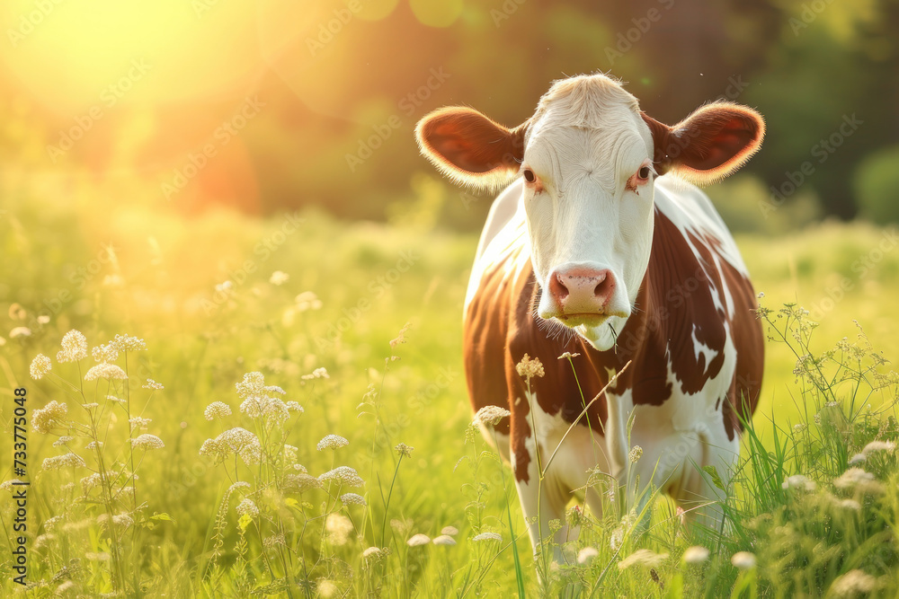 Brown and White Cow Standing on Top of Lush Green Field