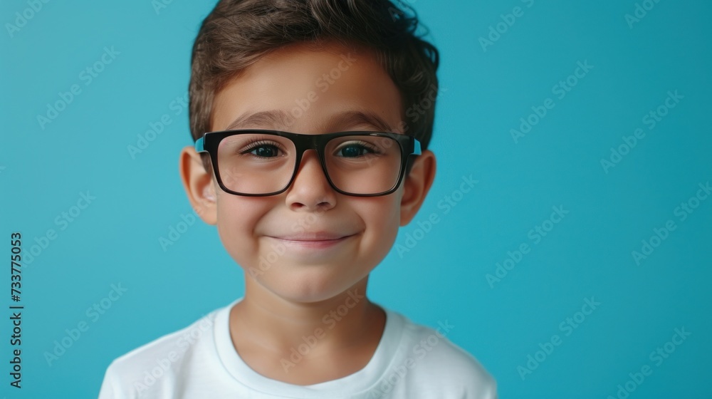 Young boy with glasses smiling wearing a white t-shirt against a blue background. Young boy with glasses smiling wearing a white t-shirt against a blue background.
