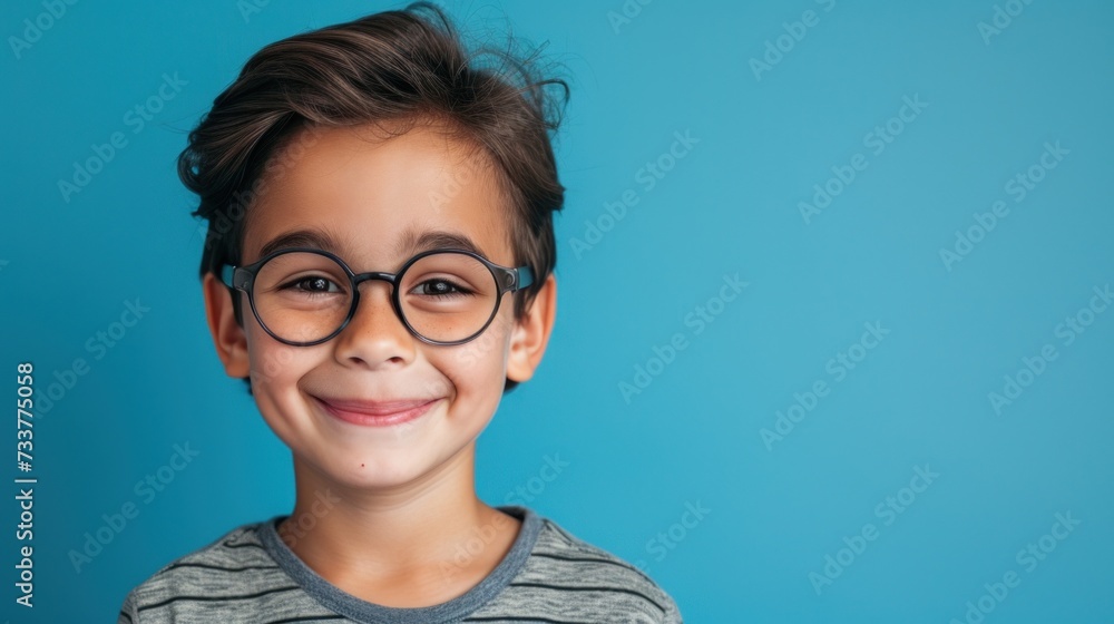 Young boy with glasses smiling against a blue background. Young boy with glasses smiling against a blue background.