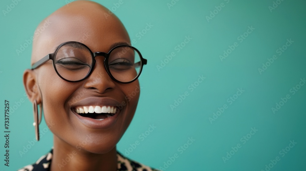 Smiling person with glasses and earrings against a teal background. Smiling person with glasses and earrings against a teal background.