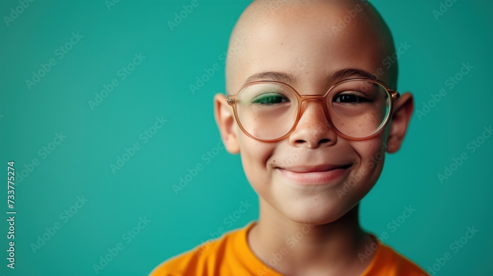 A bald child with glasses smiling against a teal background.