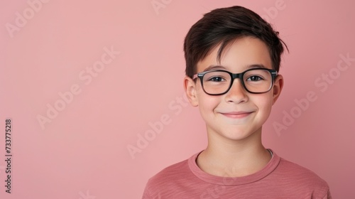 Young boy with glasses smiling wearing a pink shirt against a pink background.