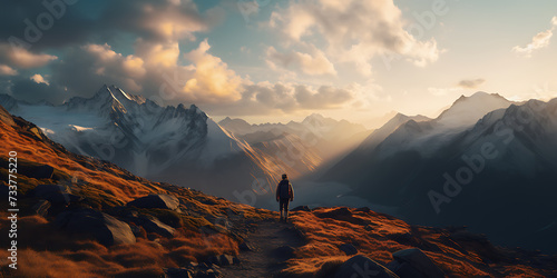 Hiker with a backpack on the trail in the mountains. 3d rendering