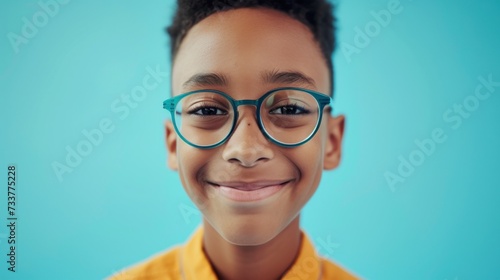 Young boy with glasses smiling against blue background.