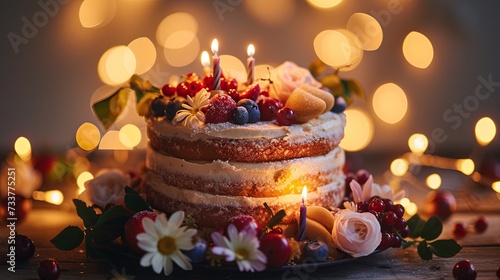 A festive sponge cake adorned with fresh berries, a lit candle, and dusting of powdered sugar, set against a backdrop of warm, glowing lights.