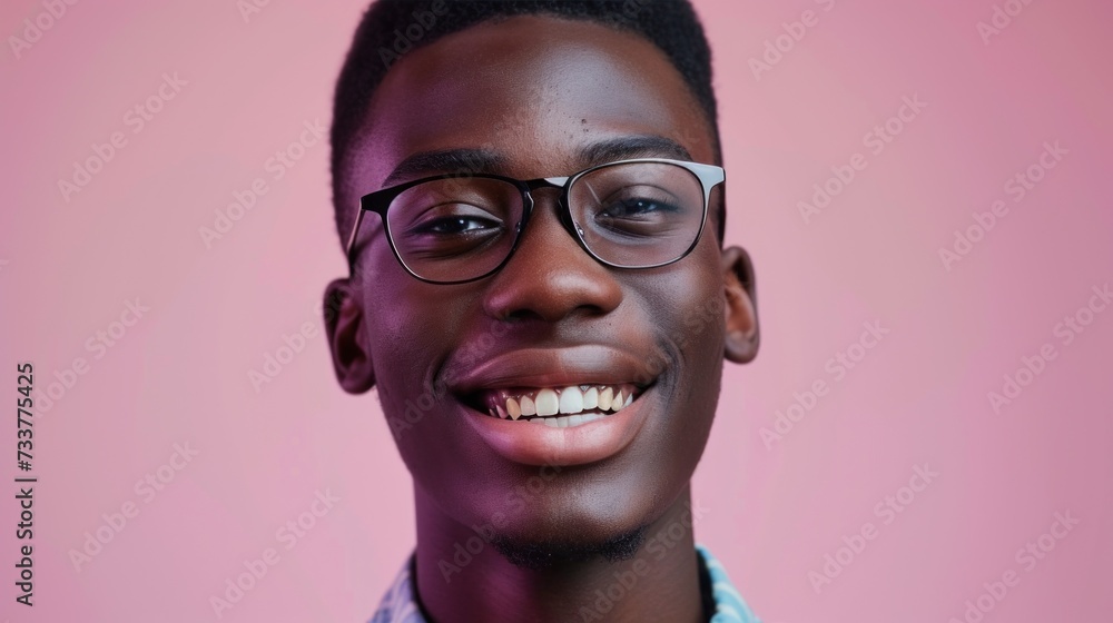 Young man with glasses smiling against pink background.