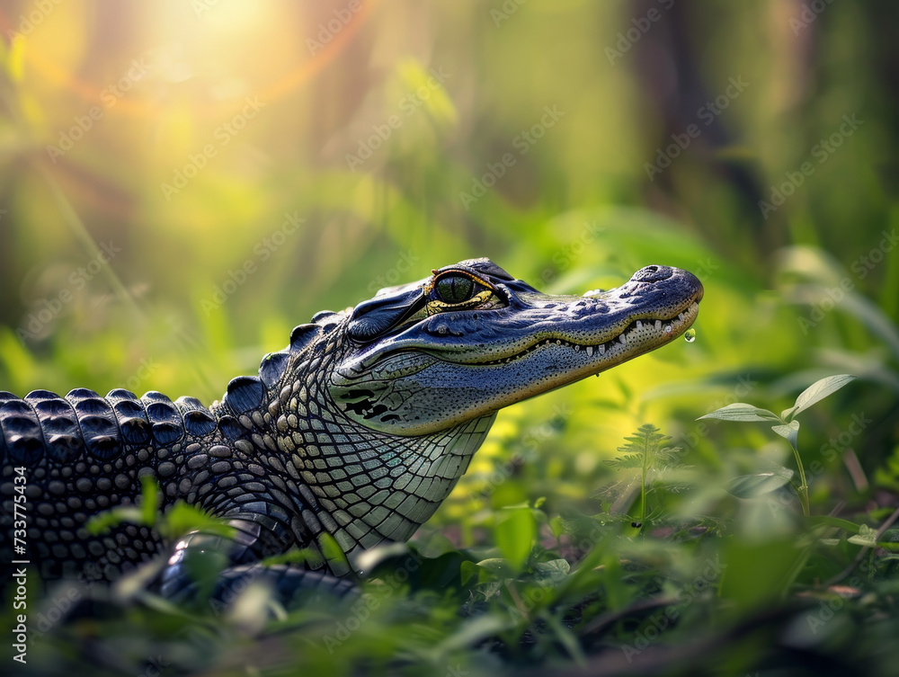 Fototapeta premium Dangerous alligator sneaking through a tall grass.