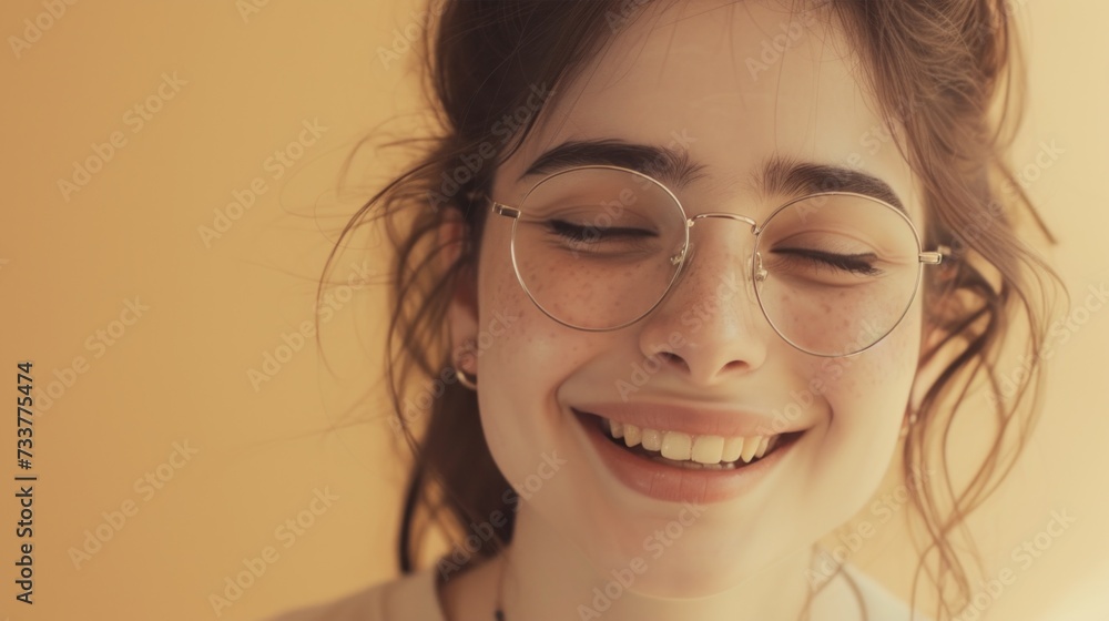 Fototapeta premium Young woman with glasses closed eyes and a radiant smile set against a warm blurred background.