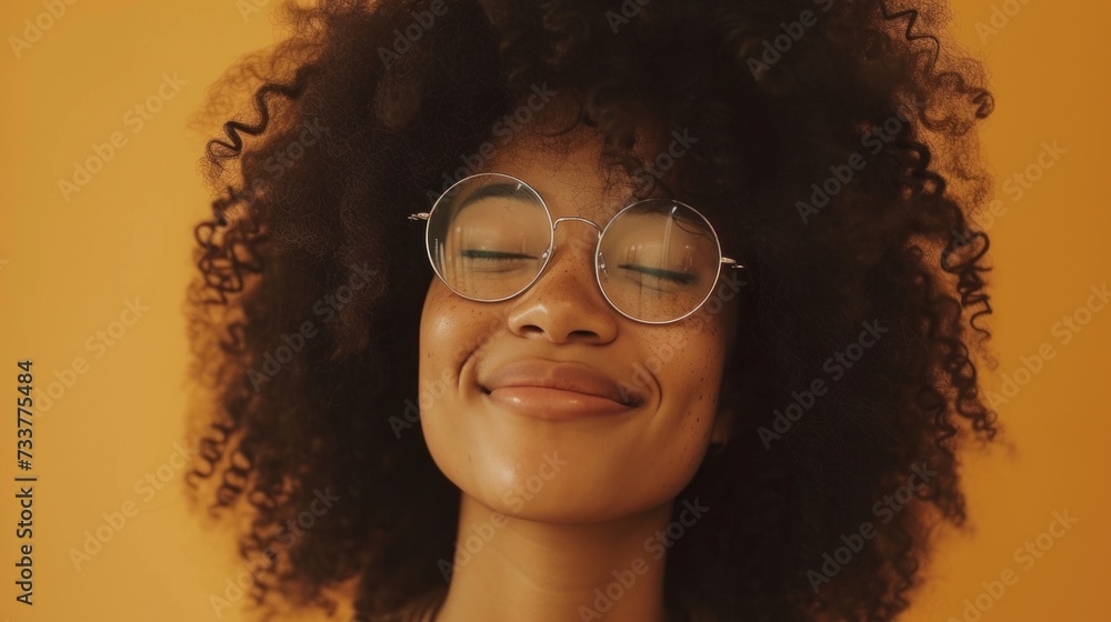 A woman with curly hair and glasses smiling gently with her eyes closed against a warm orange background. A woman with curly hair and glasses smiling gently with her eyes closed against a warm orange background.