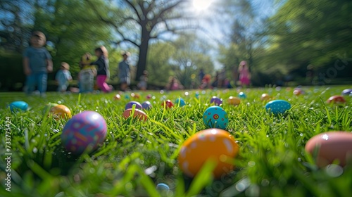 Colorful Easter eggs scattered on green grass with blurred children in the background enjoying an Easter egg hunt on a bright sunny day.