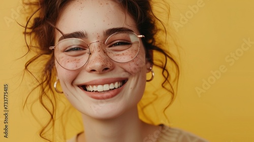Smiling woman with freckles wearing round glasses and hoop earrings against a yellow background.