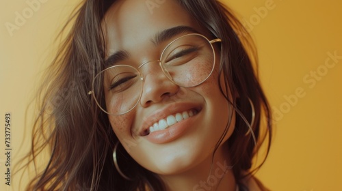 Smiling woman with freckles wearing glasses and hoop earrings against a warm yellow background.