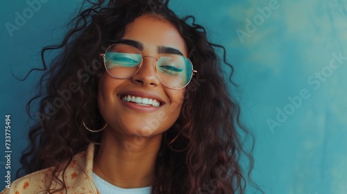 A young woman with curly hair wearing glasses smiling and looking to the side against a blue background.