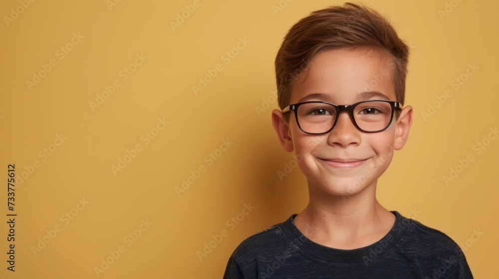 Young boy with glasses smiling against a yellow background. Young boy with glasses smiling against a yellow background.