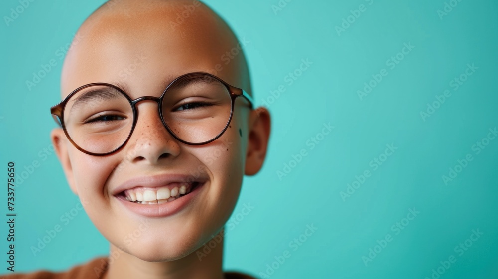 Smiling child with glasses and bald head against blue background. Smiling child with glasses and bald head against blue background.