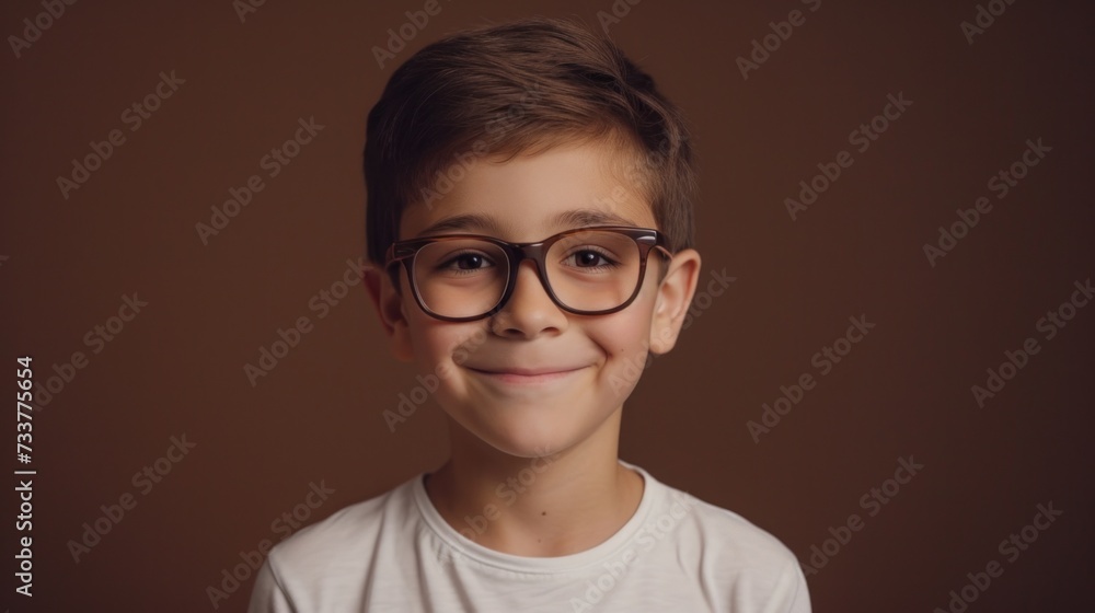 Young boy with glasses smiling wearing a white t-shirt against a brown background. Young boy with glasses smiling wearing a white t-shirt against a brown background.