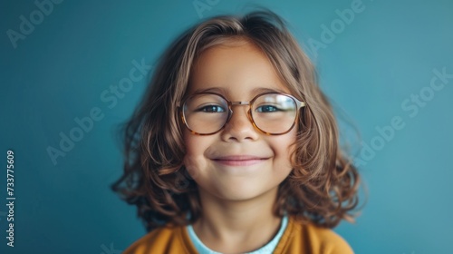 Smiling child with glasses curly hair and a yellow shirt against a blue background.