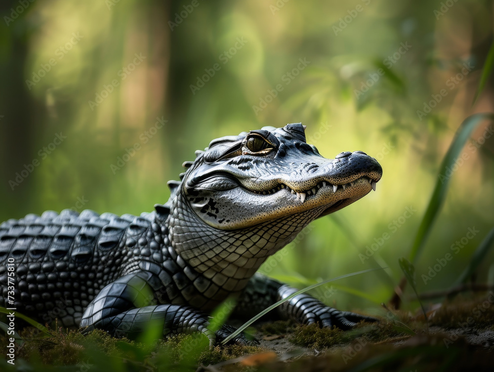 Obraz premium Dangerous alligator patiently waiting on a river bank.