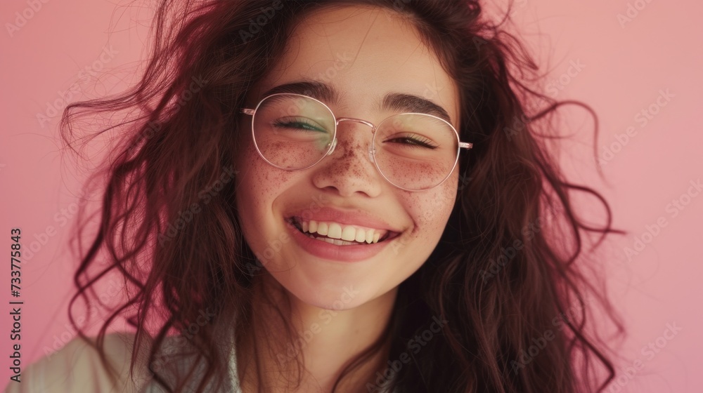 Smiling woman with glasses and freckles against pink background. Smiling woman with glasses and freckles against pink background.