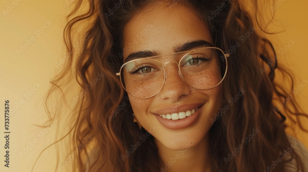 A young woman with curly hair wearing glasses smiling at the camera with a warm inviting expression.