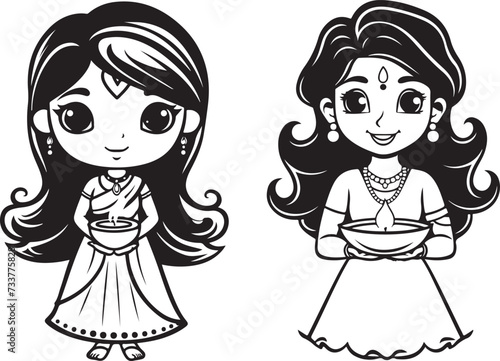 indian lady in traditional dress with diya vector illustration