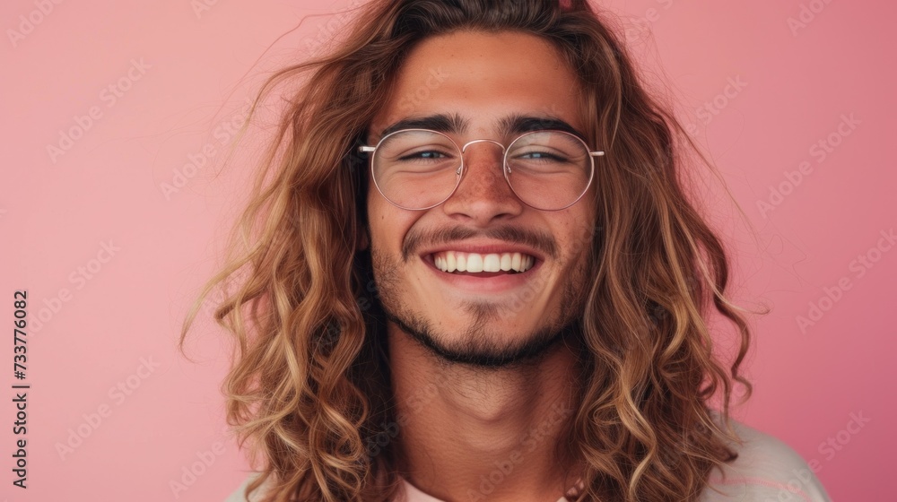 A young man with long curly hair wearing glasses smiling against a pink background. A young man with long curly hair wearing glasses smiling against a pink background.